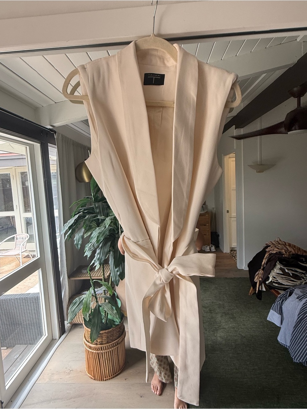 Tahari Soft Ivory Long Vest with Tie